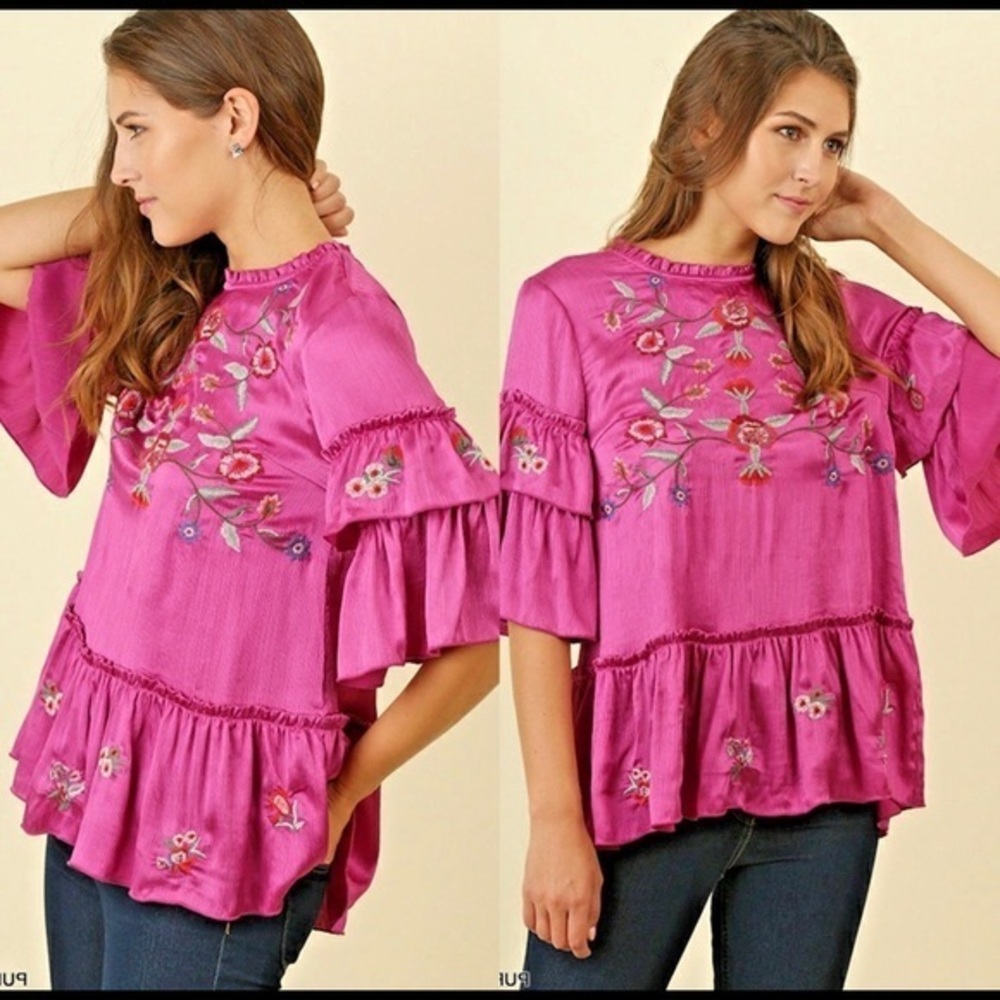 Umgee Usa Boho Gypsy Floral Embroidered Magenta Bell Sleeve Satin Top - Picture 1 of 13